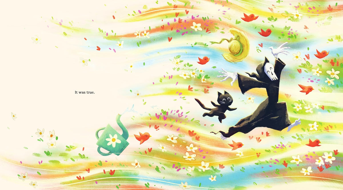 Colorful illustration of a person and a black cat in a joyful scene with flowers and a teapot.