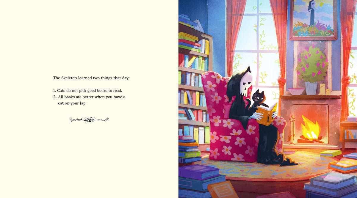 A two-page children's book spread showing a cozy illustrated library scene on the right, with a skeleton child reading in a pink floral armchair beside a fireplace and bookshelves, and a short text excerpt on the left page.