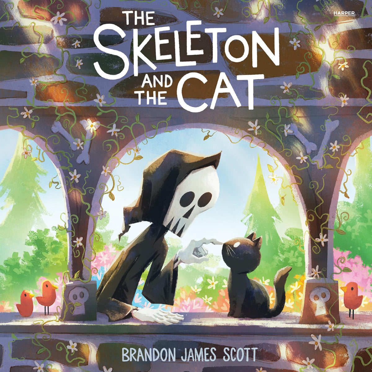 Book cover of 'The Skeleton and the Cat' with a skeleton and cat in a garden setting.