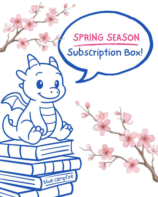 Subscription box design with a dragon, books, and cherry blossoms, featuring 'Spring Season Subscription Box!' text.