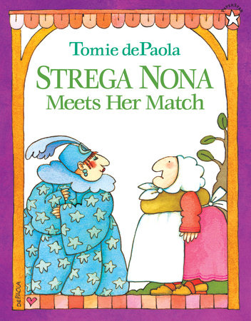 Book cover of 'Strega Nona Meets Her Match' with illustrations of two characters on a purple background.