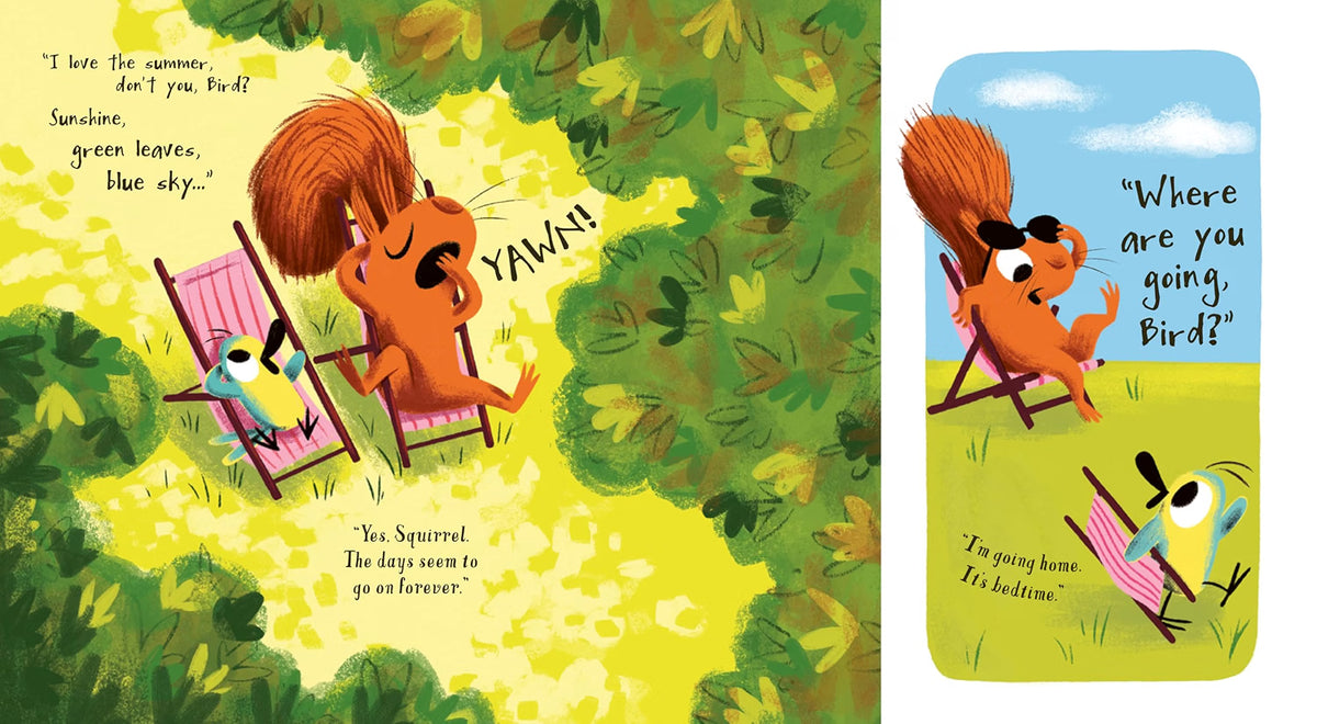 A children's book or art print featuring two illustrated squirrels relaxing in pink lounge chairs in a sunlit forest clearing, with a smaller inset panel showing the same scene under a blue sky. The artwork is colorful and playful, with visible text and no real person or environment.