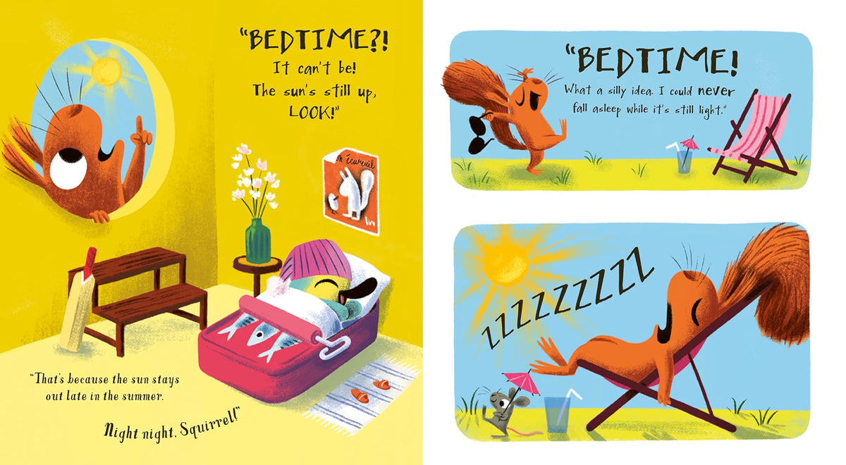 Illustrated children's book pages with a squirrel character and bedtime theme.