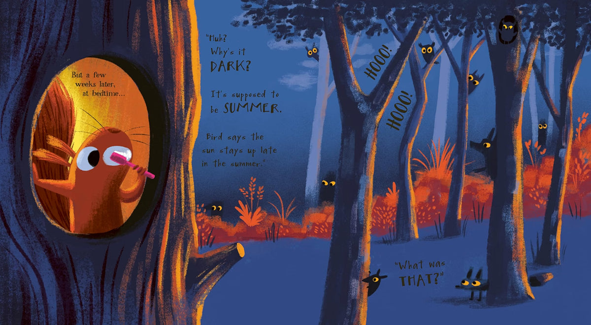Illustration of a bear looking into a hole in a tree with a night scene and animals around.