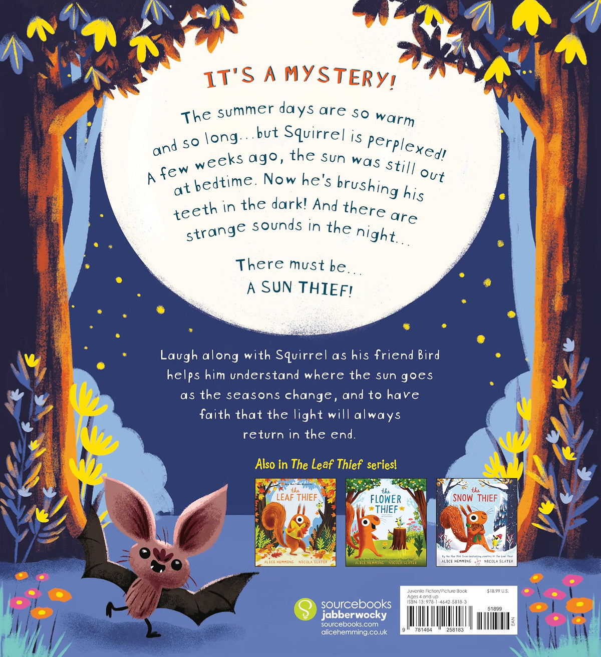 Back cover of the children's book 'It's a Mystery: A Sun Thief!' by Squirrel, featuring a whimsical illustration of a bat, sun, and forest trees on a dark blue background, with text and publisher branding.
