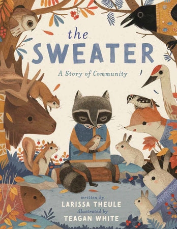 Book cover of 'The Sweater' with illustrated animals around a central character wearing a sweater.