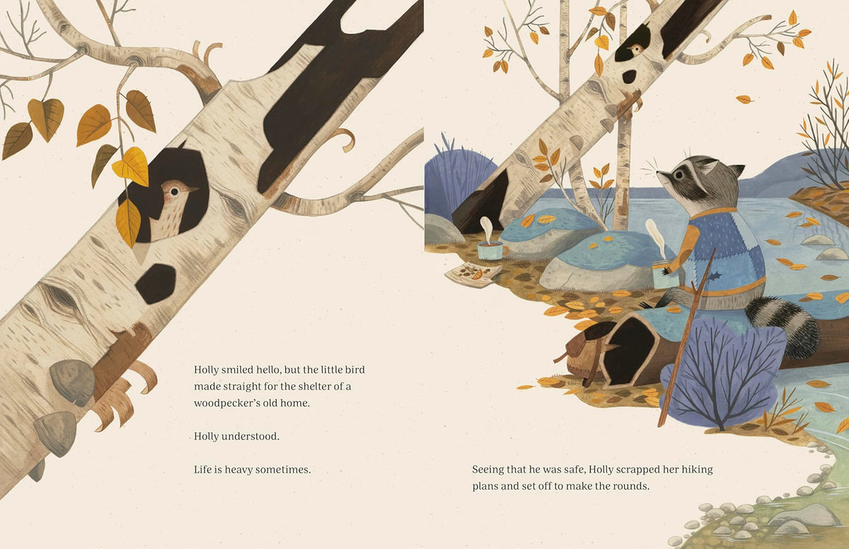 Illustrated scene from a children's book with animals by a lake and text.
