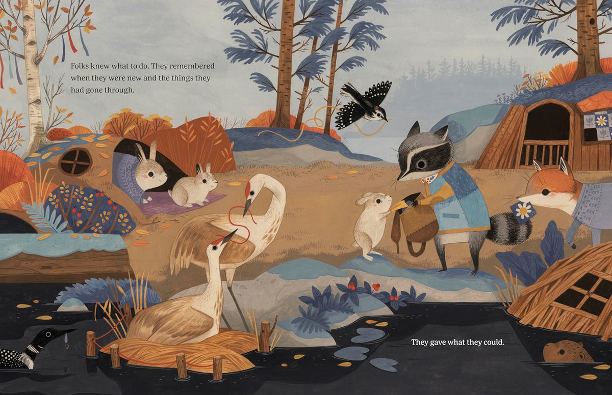 Illustrated scene with animals in a forest setting, featuring text.