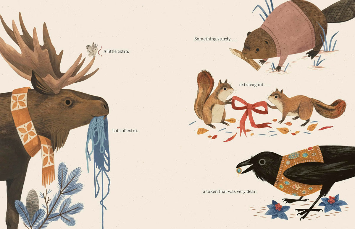 Illustration of a moose, two squirrels, and a crow with decorative ribbons and floral elements on a beige background.