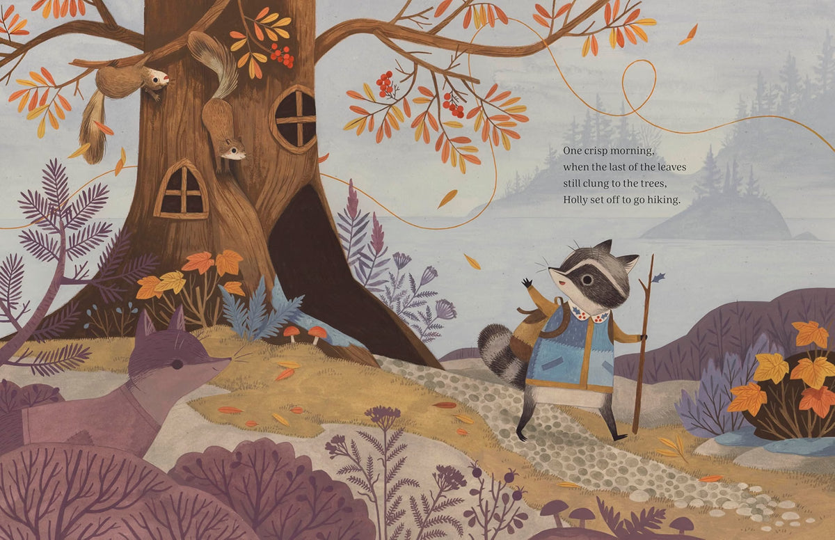 Illustrated scene with animals in a forest setting, featuring text.