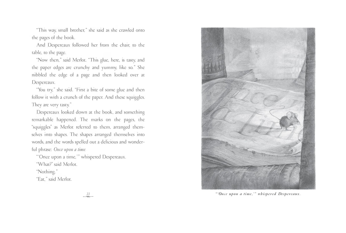 Page from a book with text and a black and white illustration of a child and a dog.