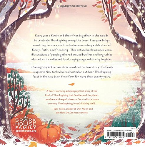 Back cover of a book with autumn-themed illustrations and text about a family gathering in the woods for Thanksgiving.