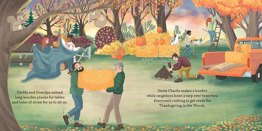 Illustration of a neighborhood gathering for Thanksgiving, with people setting up tables and making a fire.