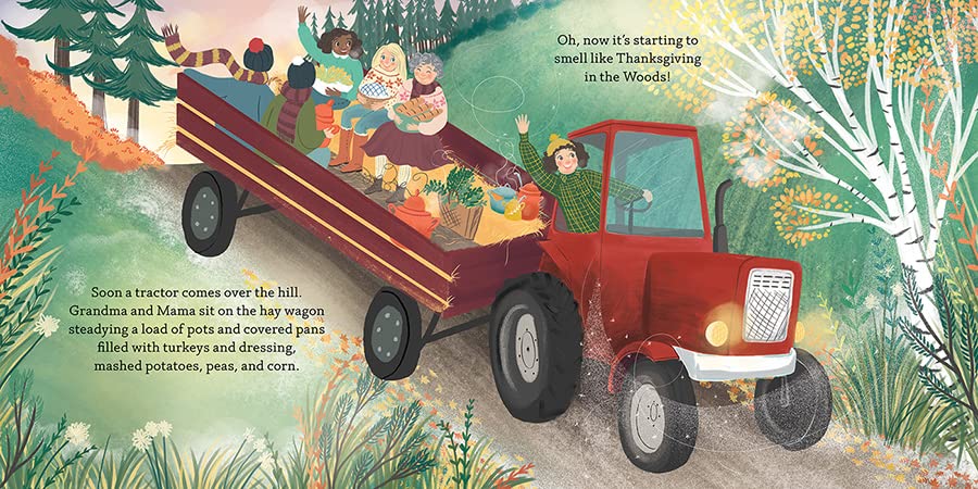 Illustration of a red tractor with people in a wagon, set in a forest with trees and foliage.