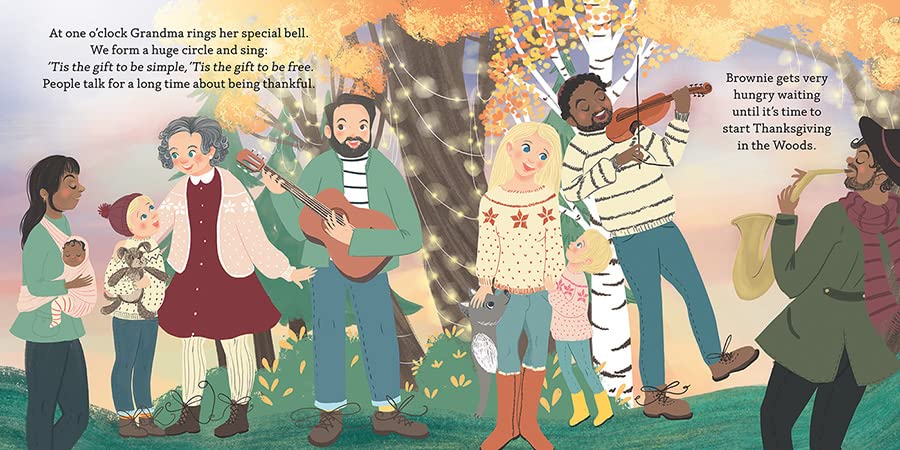 A colorful children's book illustration showing a group of diverse children and an older woman playing music and singing in front of an autumn tree. The left side includes printed text about Thanksgiving, and the right side has a small caption bubble.