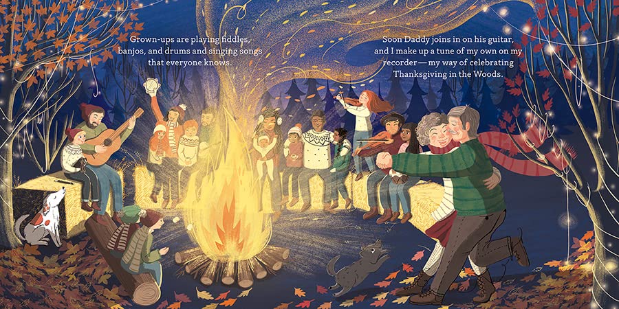 A colorful illustrated scene of a group of people gathered around a campfire in a forest at night, playing instruments and singing. The artwork includes overlaid text with song lyrics and a small dog on the left.
