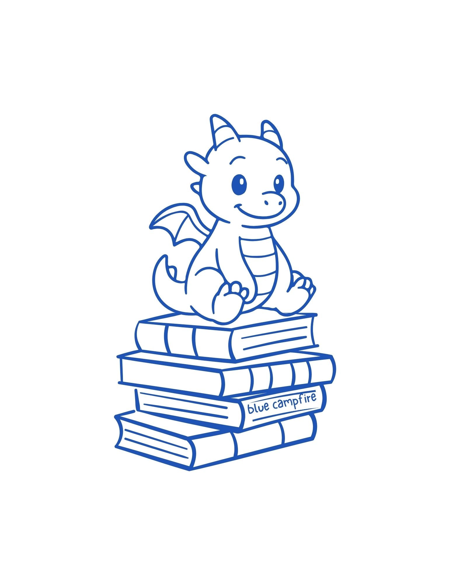 Tiny blue dragon sitting atop a stack of books