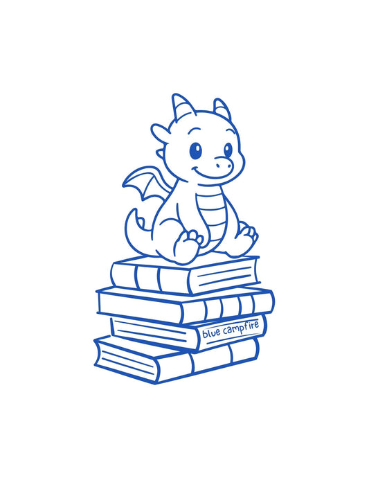 Tiny blue dragon sitting atop a stack of books