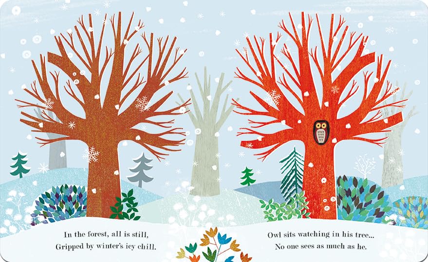 A children's board book illustration featuring two stylized leafless trees in a snowy winter forest. The left tree is rust orange, and the right tree is bright red-orange with a small owl perched in it.