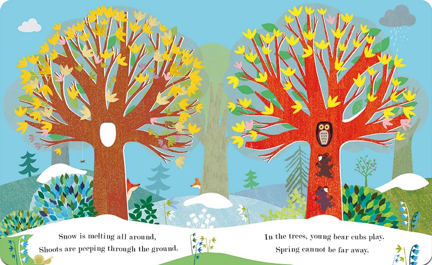 Illustration of two trees with animals in a forest, depicting springtime.