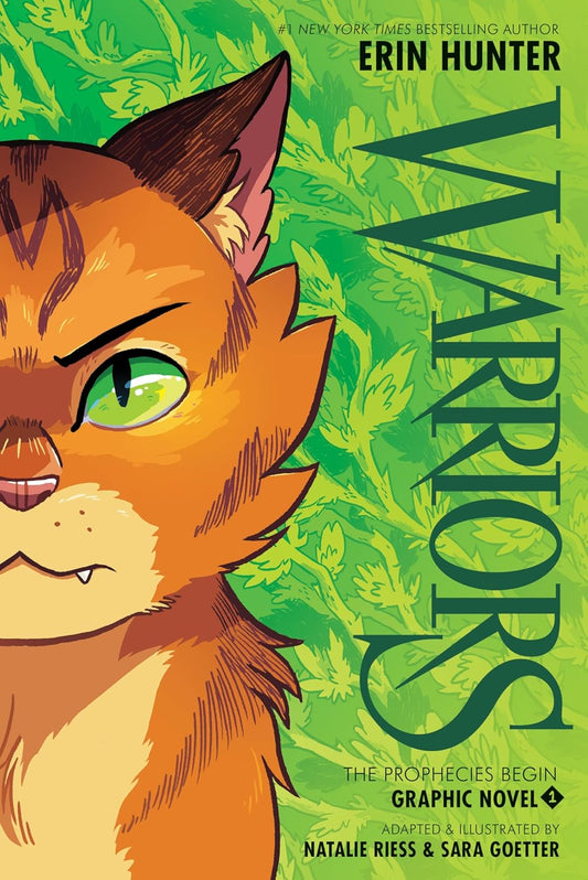Book cover of 'Warriors' graphic novel with a cat illustration on a green background