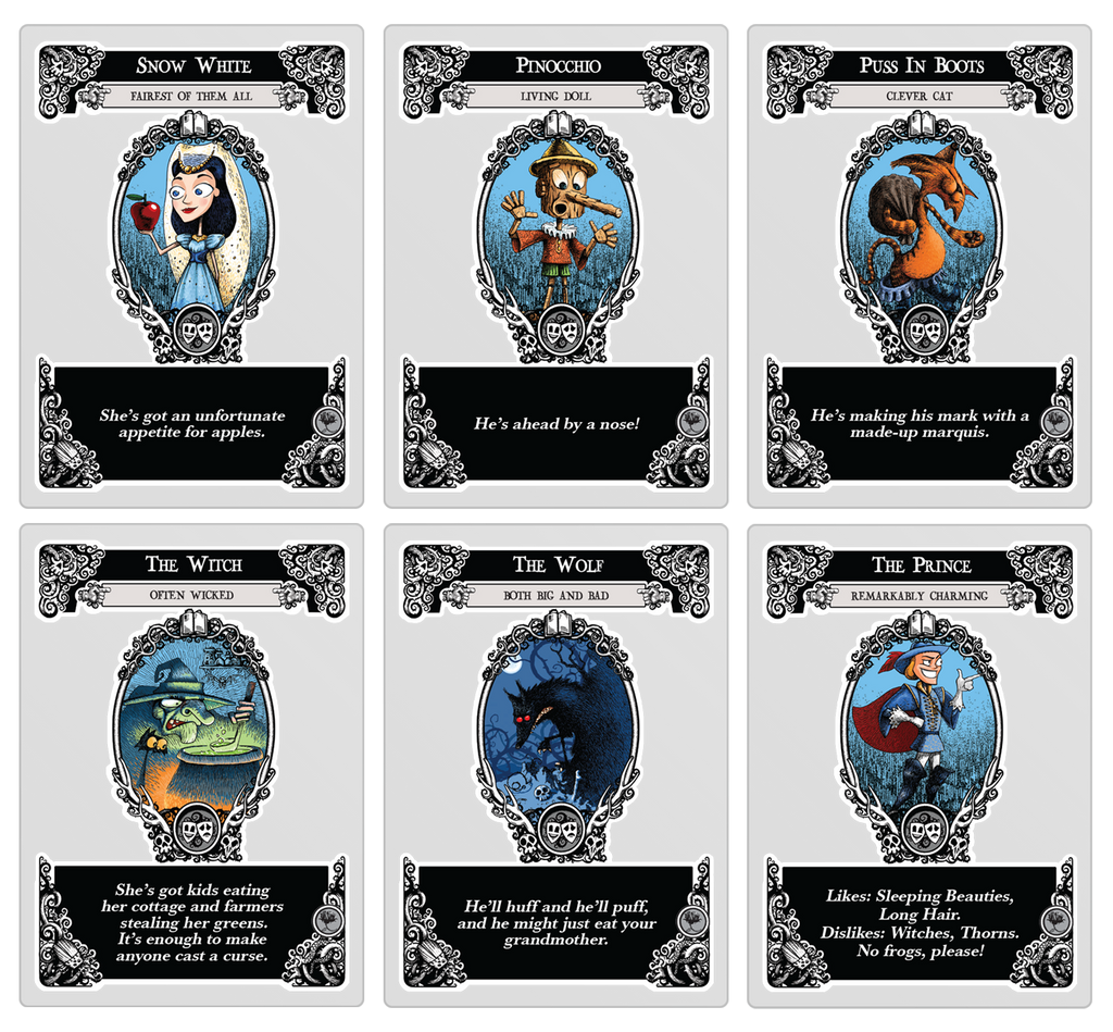 Set of cards featuring animated characters with descriptive text on a white background