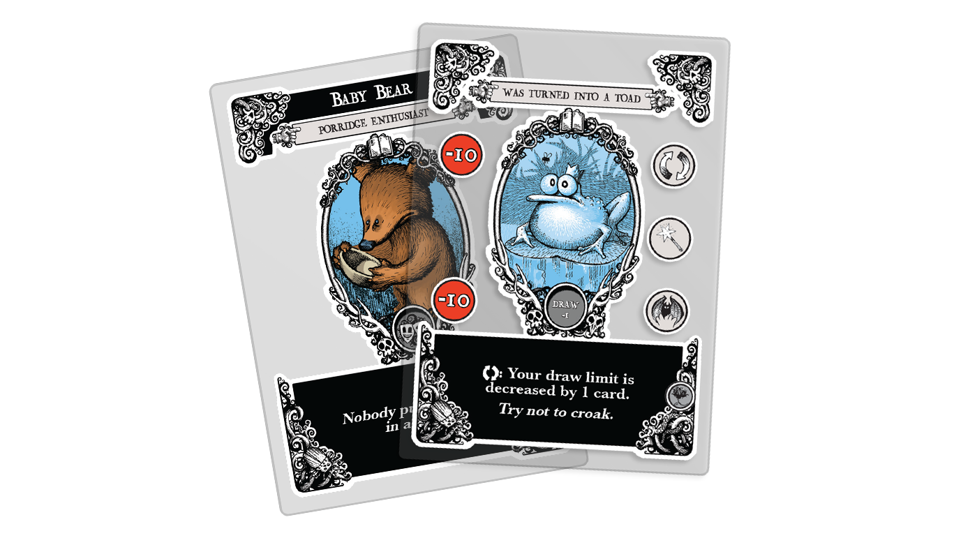 Two playing cards with cartoon characters on a white background