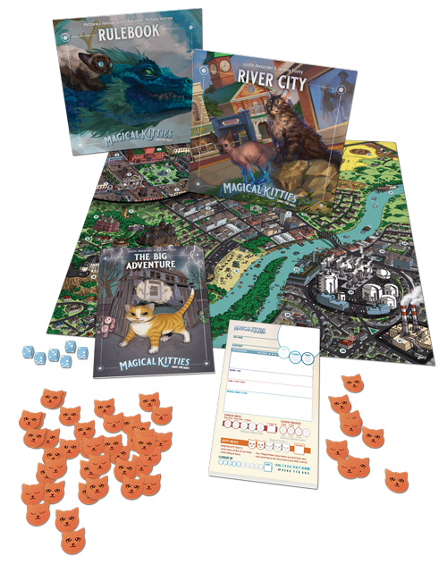 RPG board and game components including a map, cards, dice, and character tokens on a white background