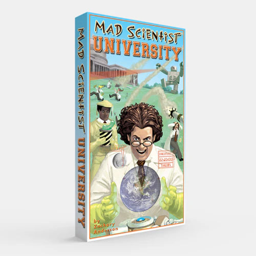 Card game titled 'Mad Scientist University' with a colorful cover featuring a scientist and students.