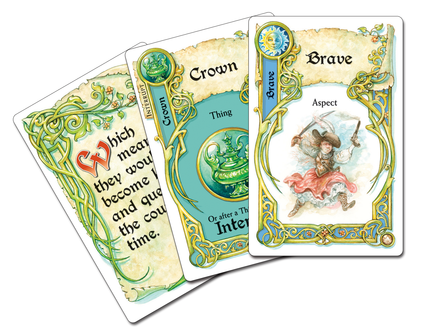 Three ornate cards with text and illustrations on a white background