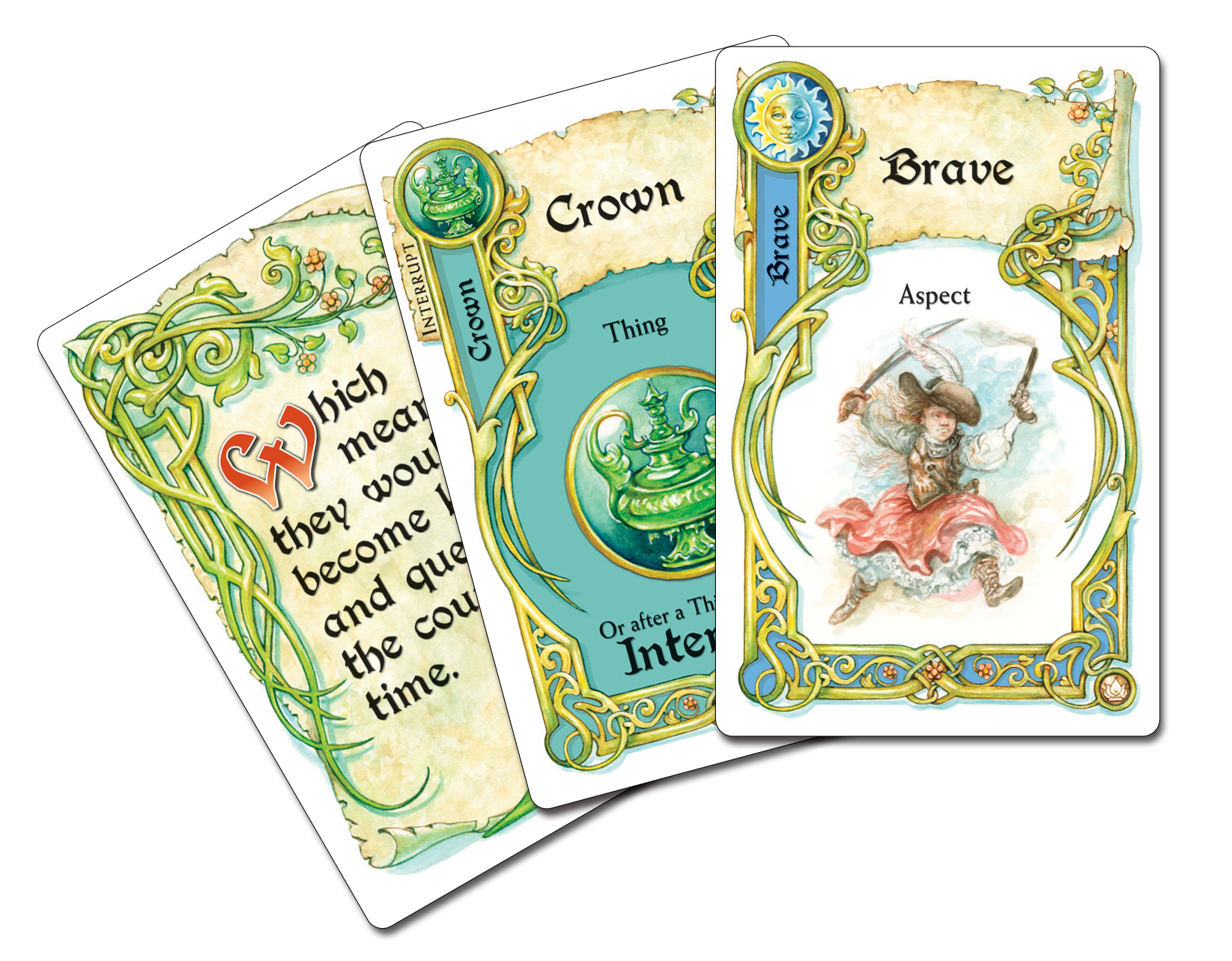 Three ornate cards with text and illustrations on a white background
