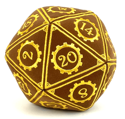 Brown polyhedral dice with gold numbering on a white background